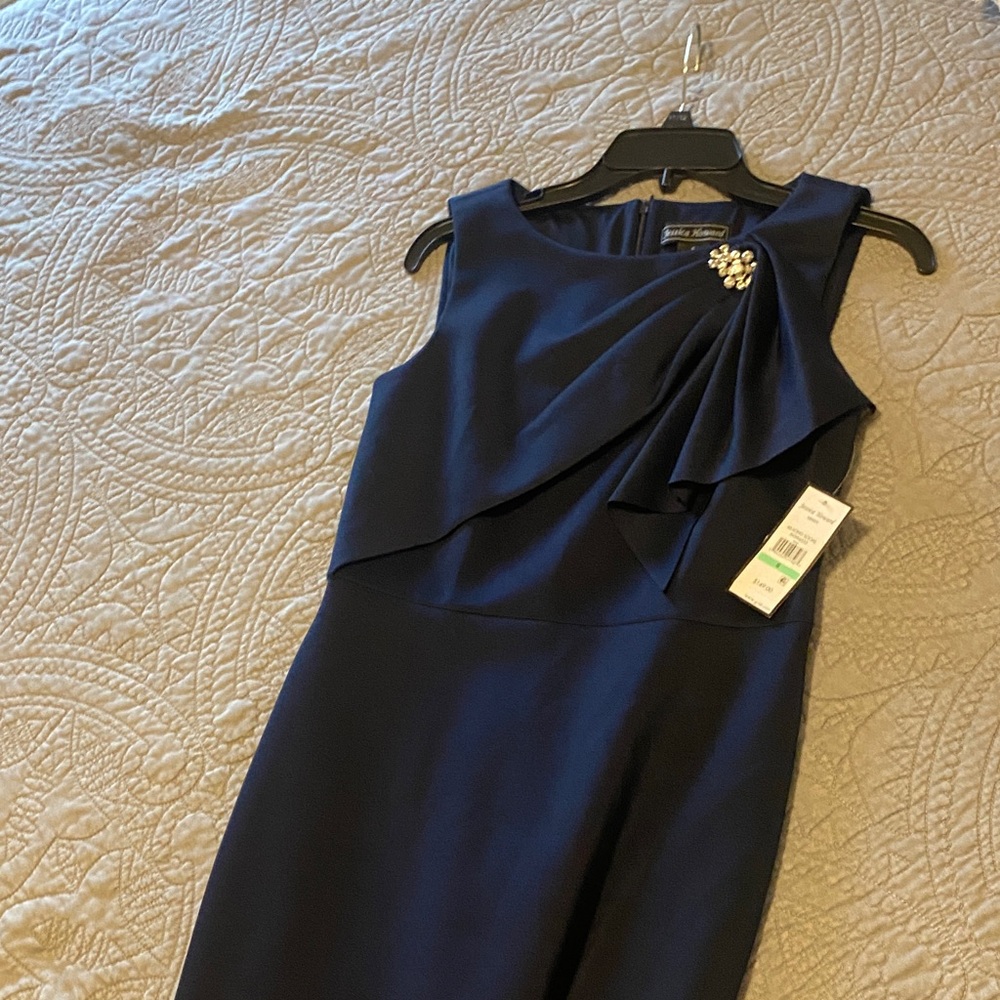 Adrianna Papell Navy Midi Dress with Embellished Shoulder